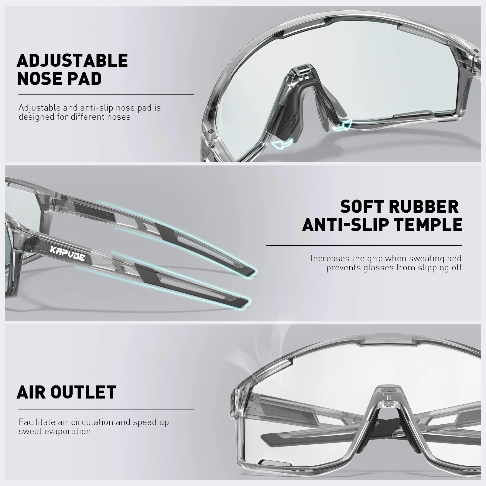 Kapvoe Photochromic Sunglasses Frame and Lens Photochromic Cycling Glasses UV400 Sports Glasses Running Driving Outdoor Eyewear