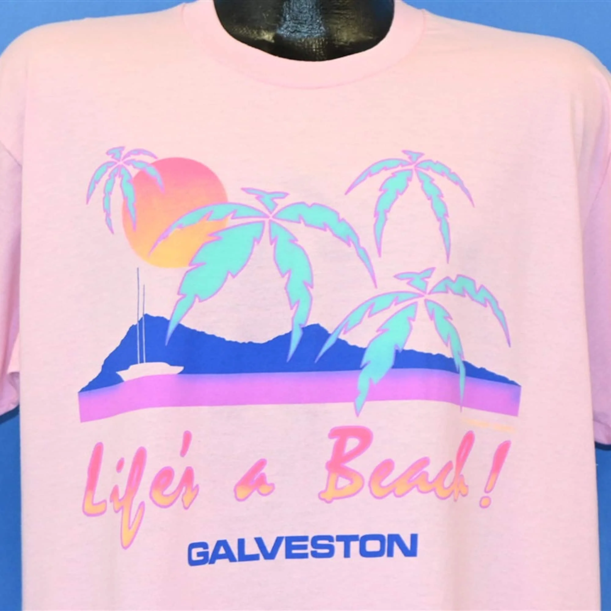 Anni '90 Life A Beach Galveston Texas Neon Sunset Palm Trees Deadstock T Shirt Extra Large