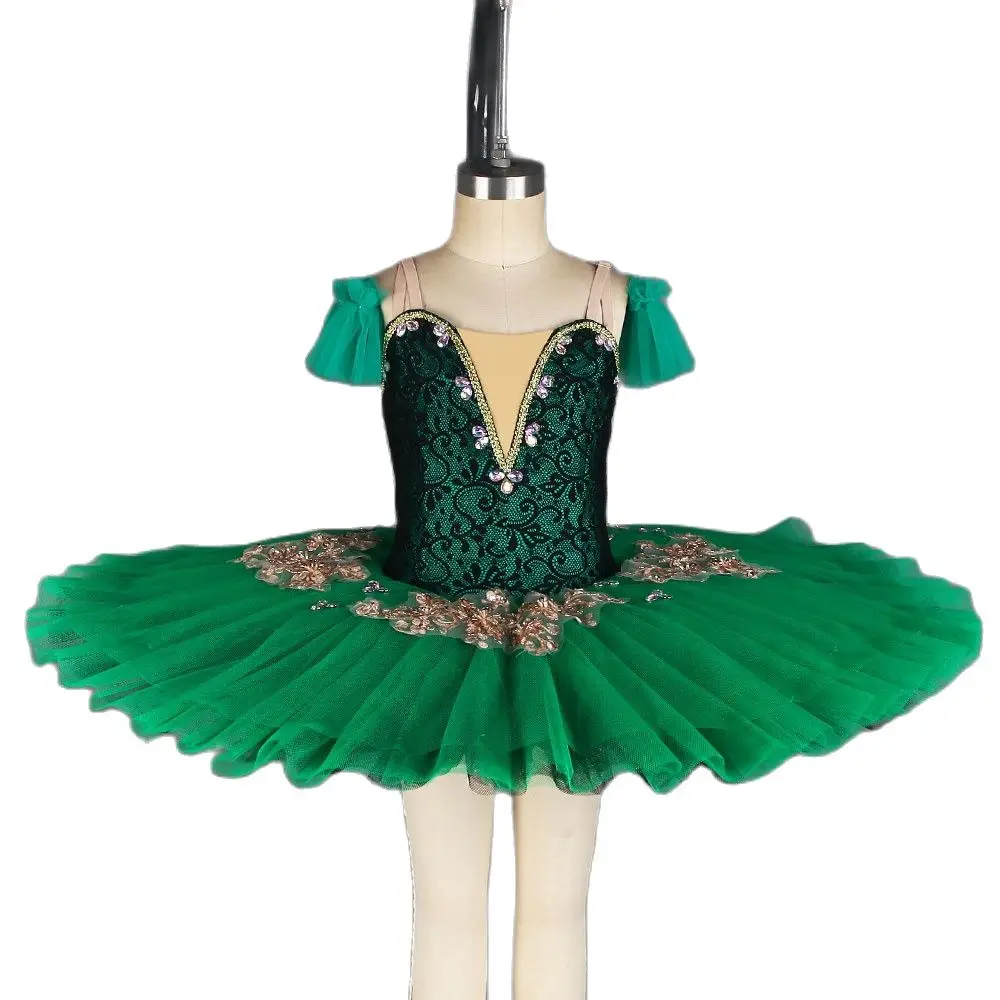 

BLL426 Pre-Professional Ballet Tutus Stretch Green Spandex with Black Lace Top Bodice with Layers of Stiff Tulle Pancake Tutu