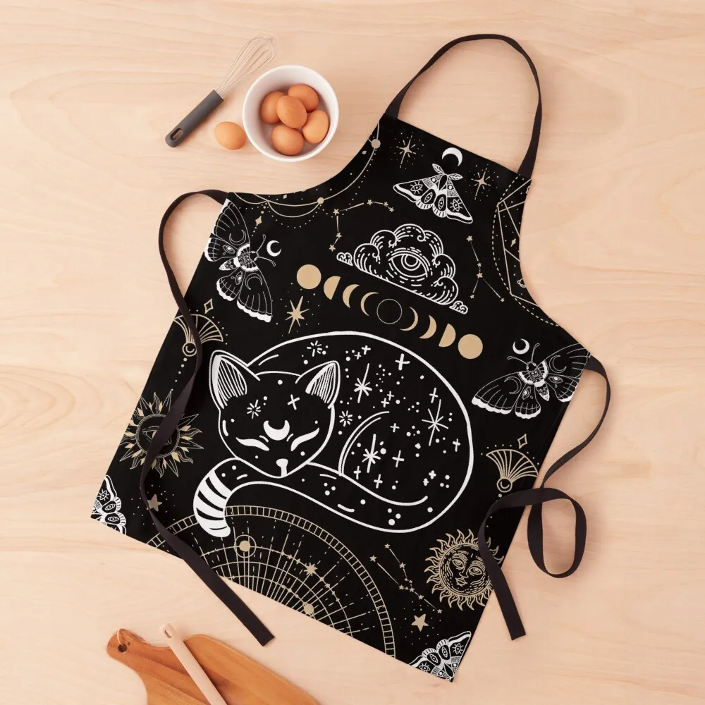 

Cat Luna Moth Moon Phases Dark Academia Aesthetic Occult Goth - Wicca Graphic Illustration - Night Sky Sleeping Kitten Apron
