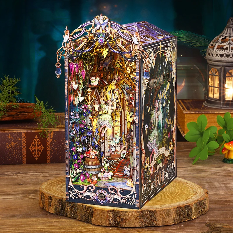 DIY Book Nook Wooden Miniature Model Kit Fairy Tale Elf Castle Casa Bookend Assembled 3D Puzzle Bookshelf Home Decor Gifts 4