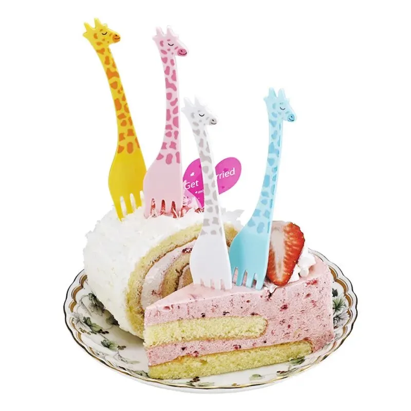 EW Giraffe Fruit Fork Cute Children's Plastic Tableware Set Creative Tableware Dessert Fork 12 PCs Set fruit fork