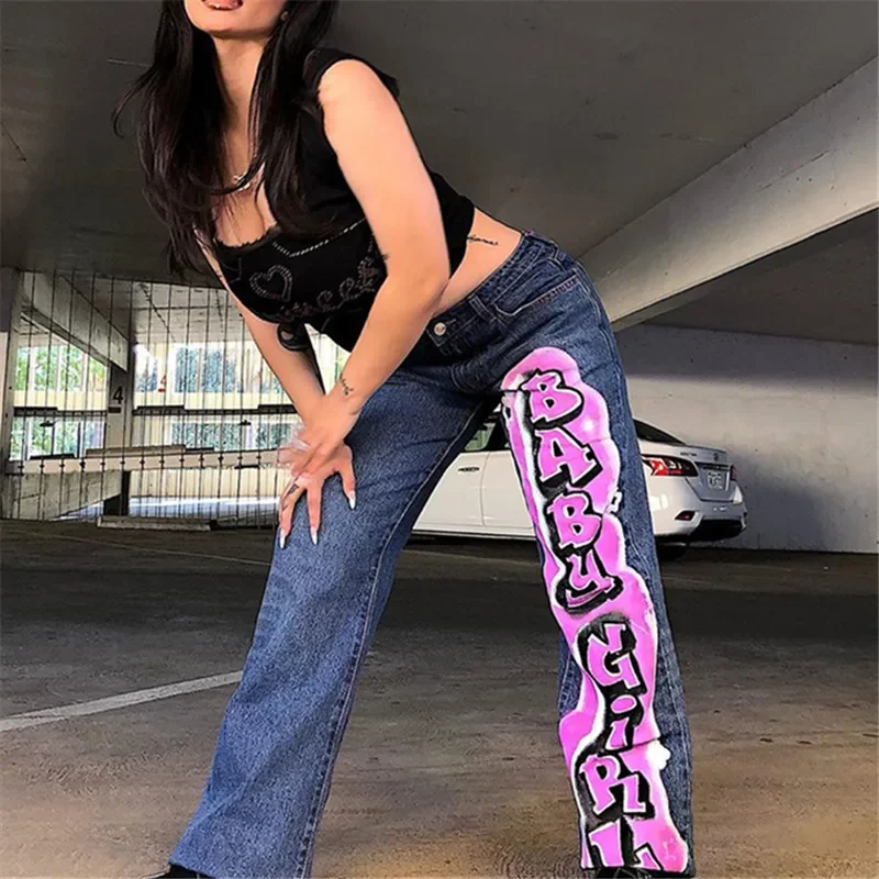 2024 Blue 90s Moms Jeans E-girl Vintage Streetwear Letter Printing Baggy Jeans Fashion Straight Demin Low Waist Y2K Pants Autumn