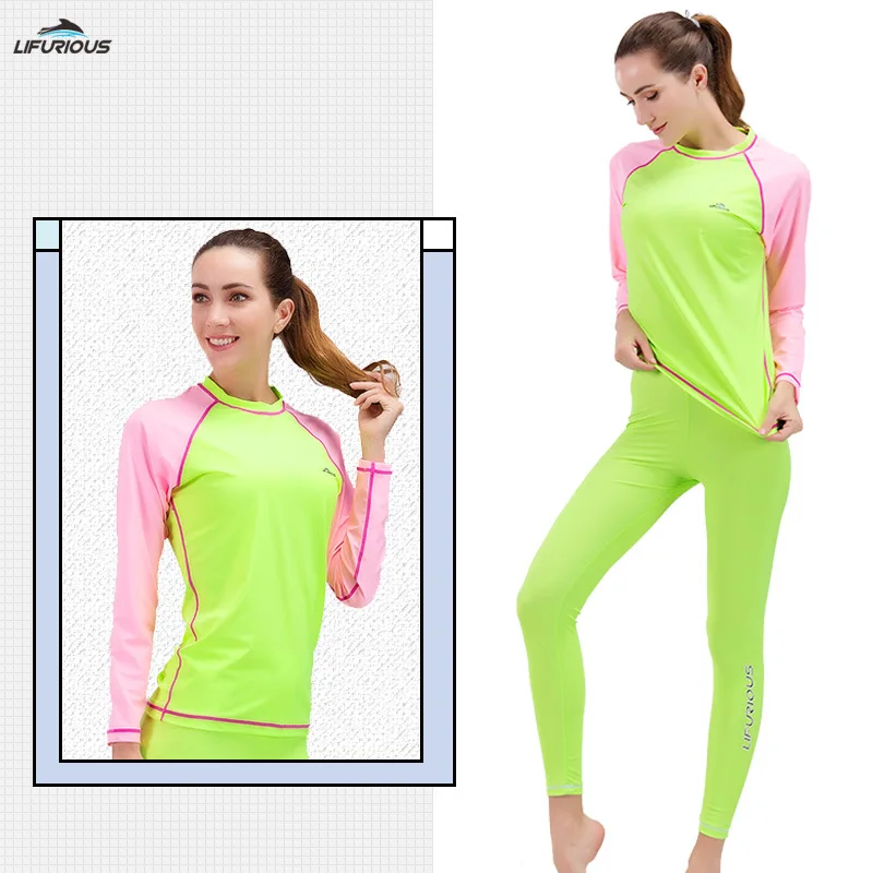 Women Two Pieces WaterProof Long Sleeve Beach Swimsuit Sunscreen Prevent Quick-drying Surfing Rafting Fitness Bathing Rash Guard 1 set men outfit short sleeve top drawstring pants color block pockets summer contrast color quick dry sweatsuit set for fitness