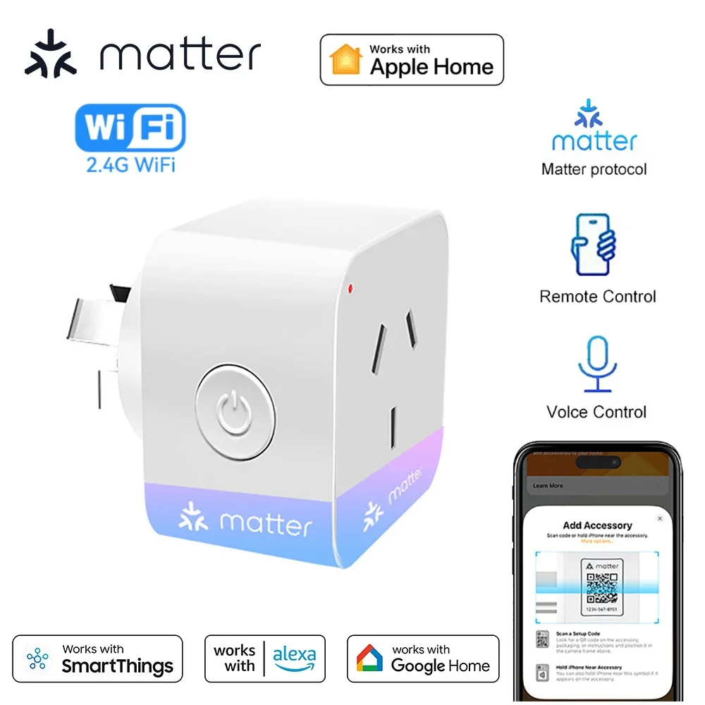 Matter Smart Plug AU สมาร์ทซ็อกเก็ต Home Power Outlet APP รีโมทคอนโทรล 2.4G WiFi รองรับ Apple HomeKit Alexa Google Home 1
