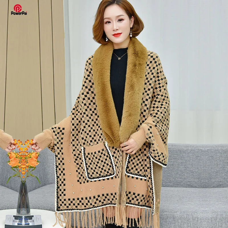 

Fashion Soft Faux Fur Collar Mink Wool Cape Cardigan Autumn Winter Women Batwing Sleeve Coat Wraps Long Thick Pockets Shawl