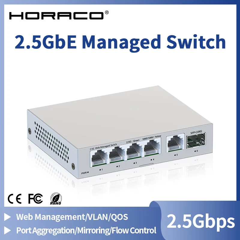 HORACO　10G/2.5G スイッチングハブ HORACO 2.5GbE Managed Switch 5 Port 2500Mbps Network 10G SFP+ Slot