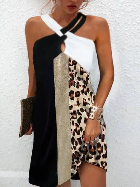 white dress Sexy Halter Neck Leopard Patchwork Printing Mini Dress 2022 Summer Sleeveless Beach Casual Dresses Oversized Loose Women's Tunic maternity dresses