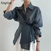 Neploe Korean Chic Simple Temperament Shirt Lapel Single-Breasted Mujer Blusa Irregular Lace Up Slim Waist Long Sleeve Blouse
