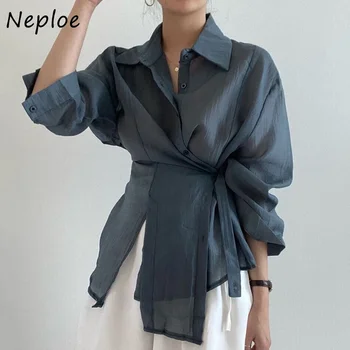 Neploe Korean Chic Simple Temperament Shirt Lapel Single-Breasted Mujer Blusa Irregular Lace Up Slim Waist Long Sleeve Blouse