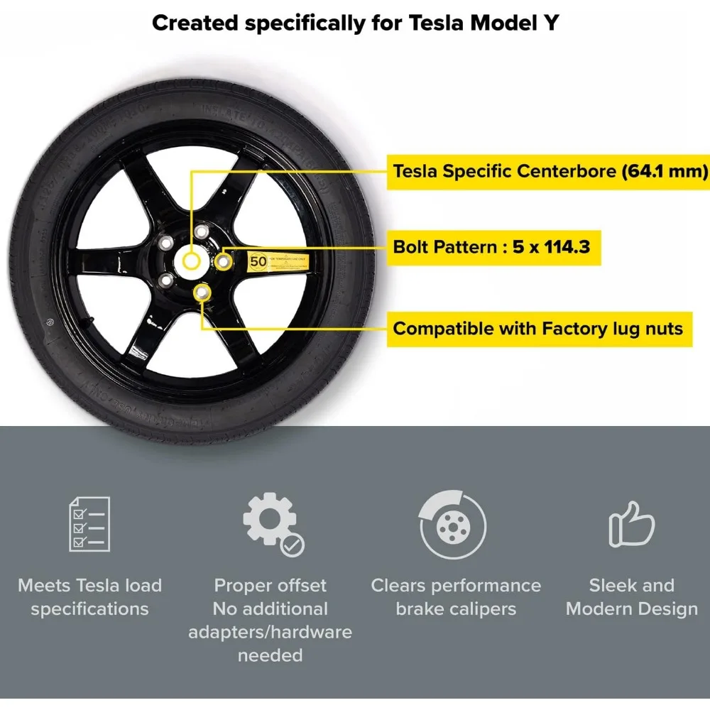 Complete Spare Wheel and Tire Kit for Model Y - Includes 18x4 Black Rim, 155/85R18 Spare Tire (28.5" Diameter) 3