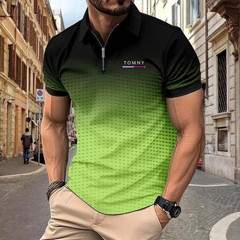 Description Picture 2 of itemSummer short-sleeved men's T-shirt Polo shirt lapel Polo shirt gradient pattern printed street short-sleeved printed clothing