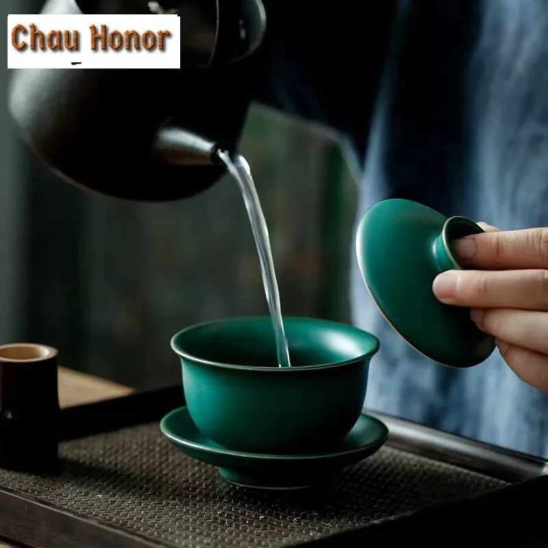 135ml Japanese Turquoise Coarse Gaiwan Vintage Tea Tureen Tea Bowl with Lid Kit Tea Maker Cover Bowl Drinkware Accessories Gift