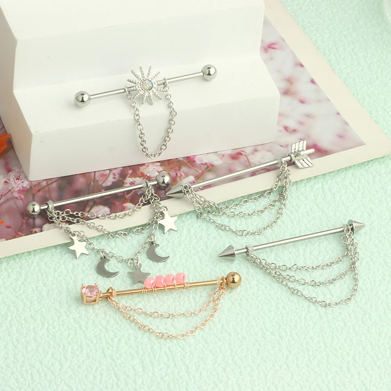 wholesales Stainless Steel Industrial Earrings With Chain Dangle Industrial Piercing Bar Cartilage Helix Piercing Tragus Stud