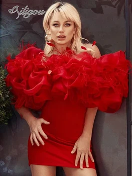 Ailigou 여성용 짧은 스커트 파티 드레스, 푹신한 소매 미니 드레스, 깃털 달린 칵테일 드레스, 타이트한 핏 드레스, 럭셔리 레드, 2023 신상