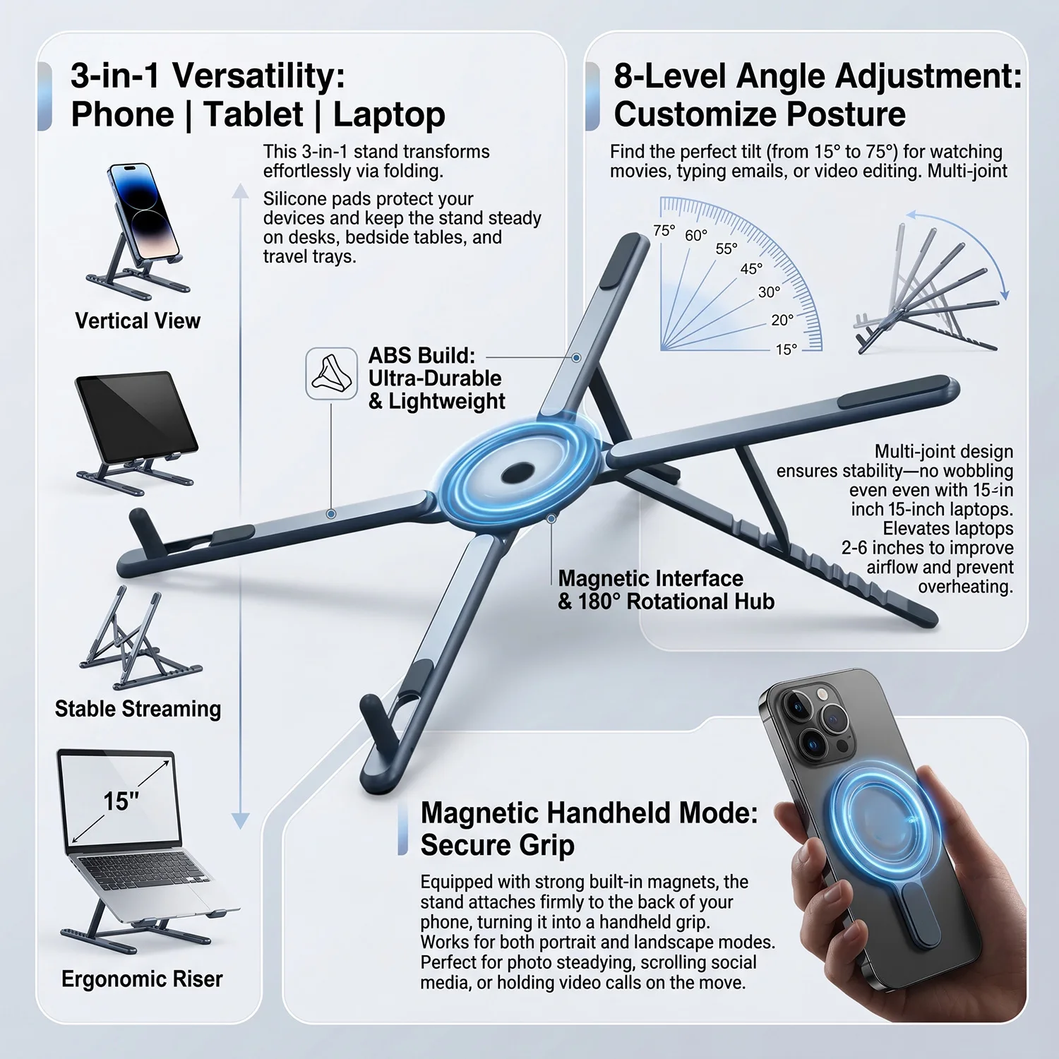 Nuevo Soporte Magnético Plegable para Laptop, Soporte Ajustable Portátil de Plástico ABS con Disipación de Calor para Teléfono Inteligente, Tableta y Notebook