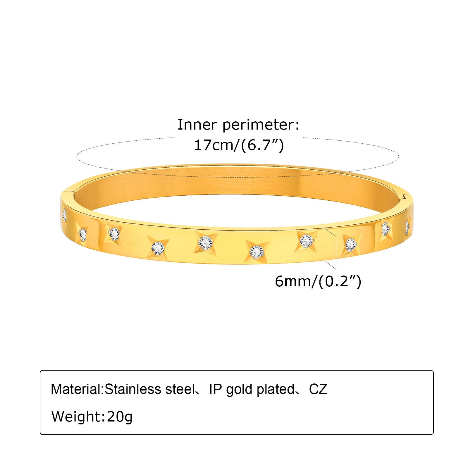Bracciale rigido in acciaio inox placcato oro con zirconia cubica, stile semplice, per donne e uomini (misura 16 cm