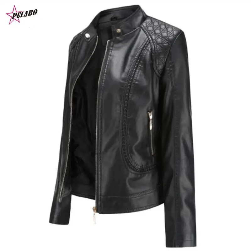 

y2k PULABO Spring and Autumn OL Stand Collar Stand Collar Leather Jacket Women Moto Biker Coat PU Jacket Autumn Jacket Black Red