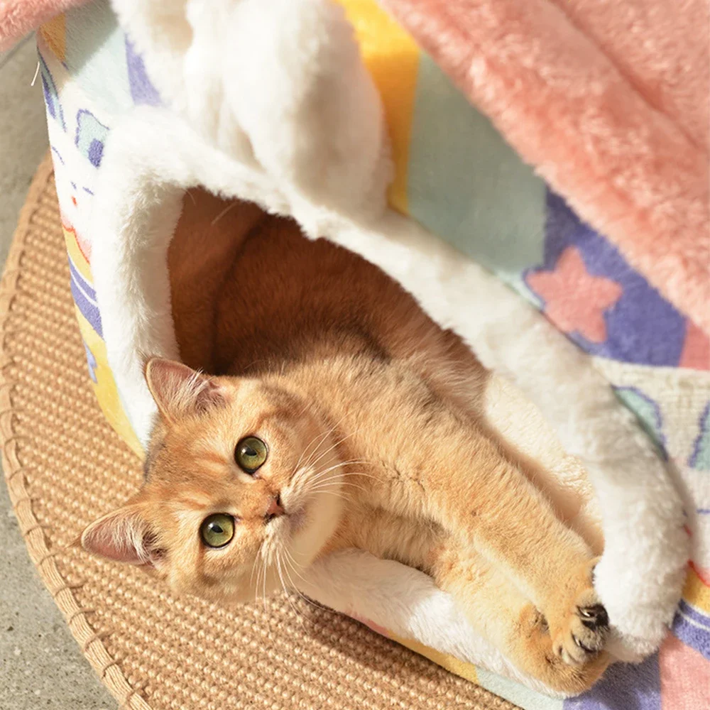 

New Pet Cats Bed Winter Warm Small Dog House Removable and Washable Indoor Pets Tent Cozy Cave Beds Home Cat Accessories