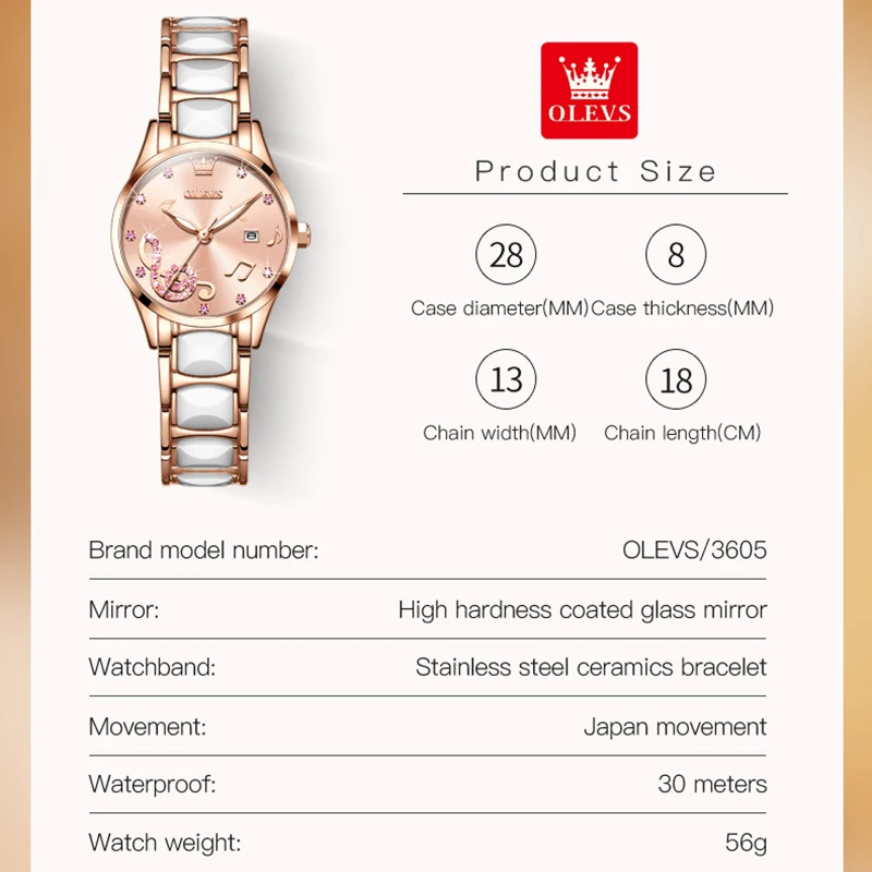 OLEVS Luxury Women Watch Set Ceramic Strap Date Luminous Hands Waterproof Ladies Quartz Watches, With Bracelet Necklace Gift Box