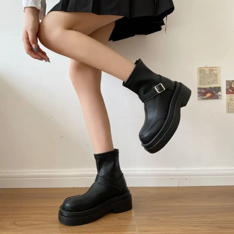 Fashion Women Ankle Boots Autumn Winter Back Zipper Slim Stretch Knee High Boots Office Lady Belt Buckle Simple Shoes Woman New