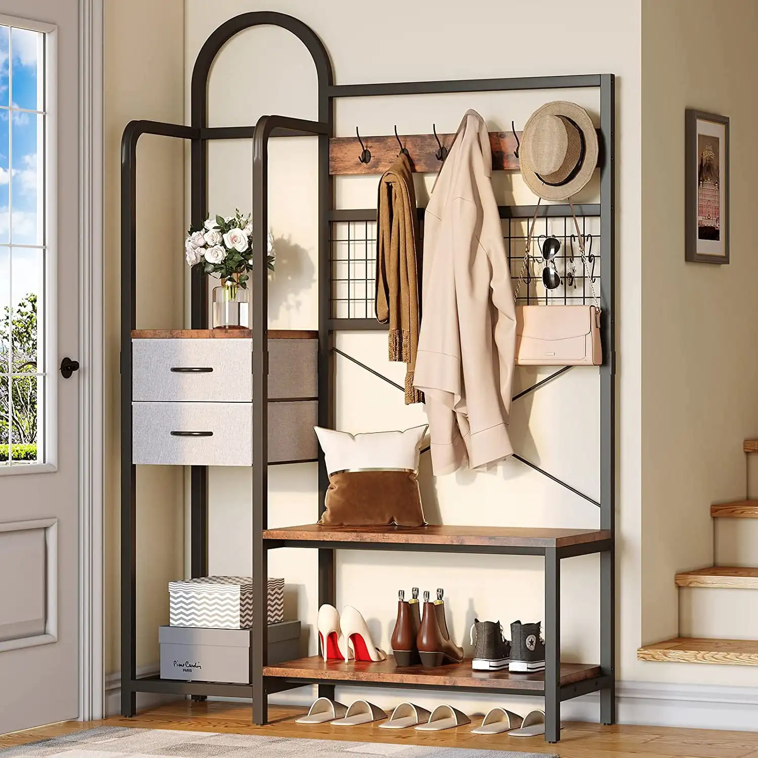

DEXTRUS Garment Coat Rack 6 in1 Industrial Entryway Hall Tree with Shoe Bench and 2 Fabric Drawers Freestanding Clothes