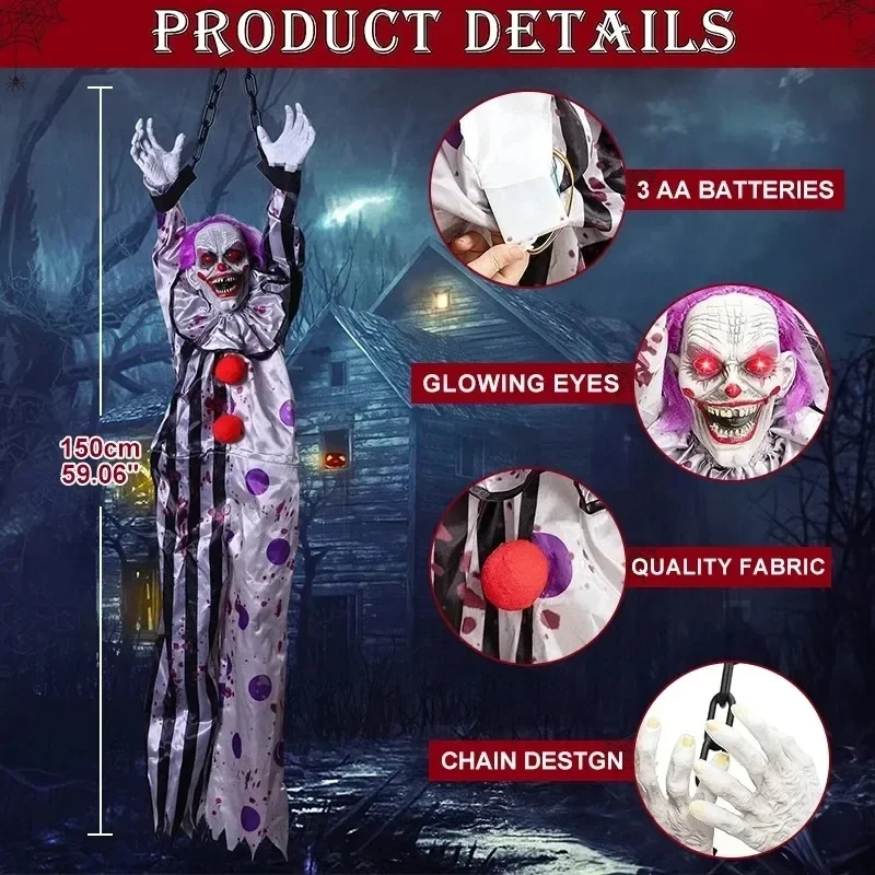 Frightening Sound-Activated Hanging Clown with Glowing Red Eyes
