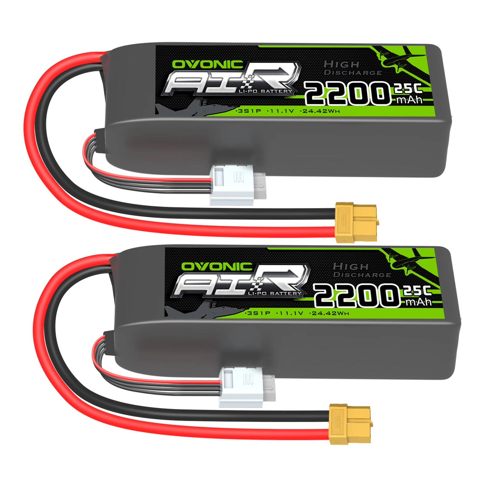 OVONIC Batería Lipo 2S 7.4V 2200mAh 50C Con Conector XT60 | Pack De 2 Para RC 1/16 Y 1/14