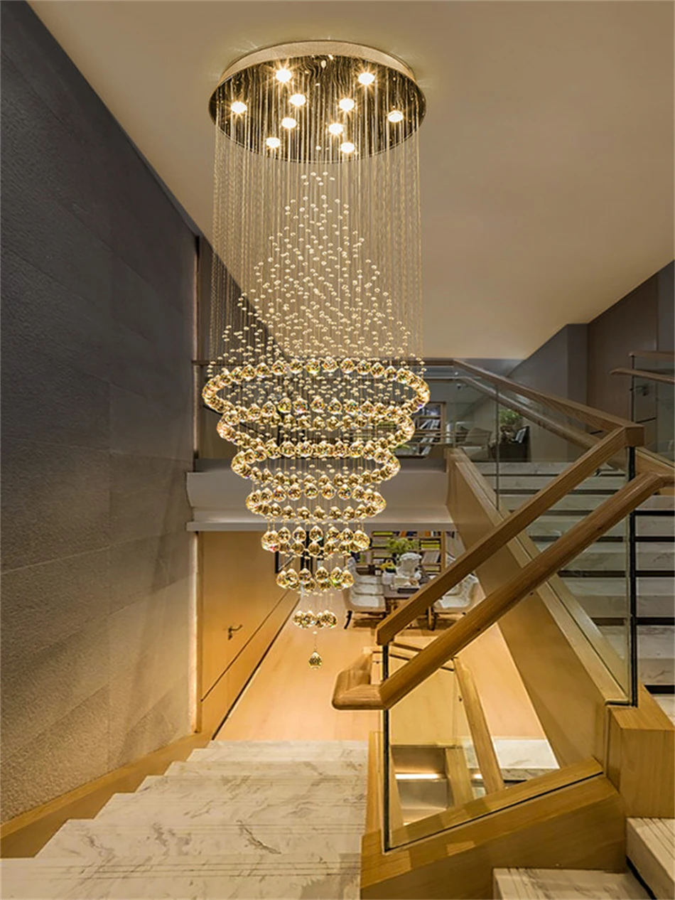 Modern LED Crystal Chandelier Lamp Stair Lights Droplight Double Entry Long Circular Crystal Lighting Lobby Chandelier