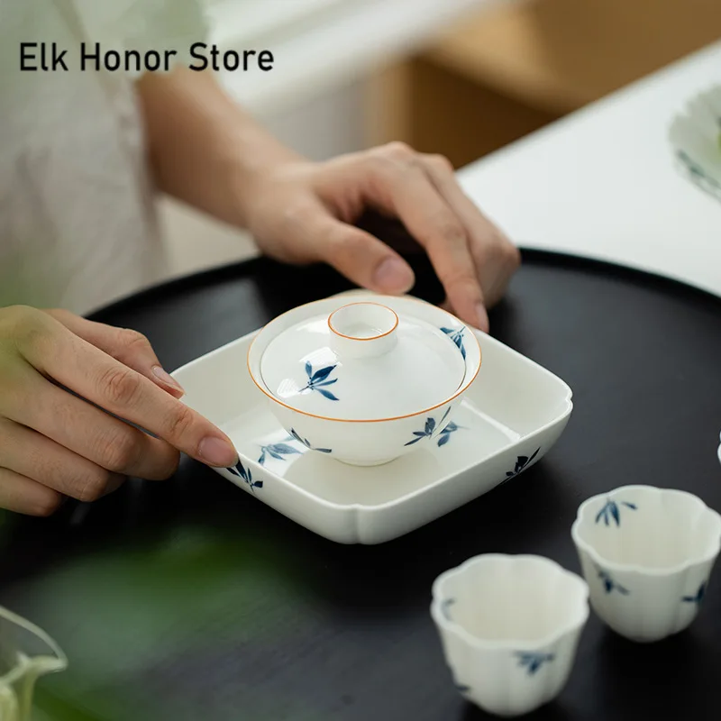 88ml Pure Hand-painted Butterfly Orchid Gaiwan Boutique White Porcelain Small Cup Tea Tureen Tea Maker Mini Cover Bowl Teaware