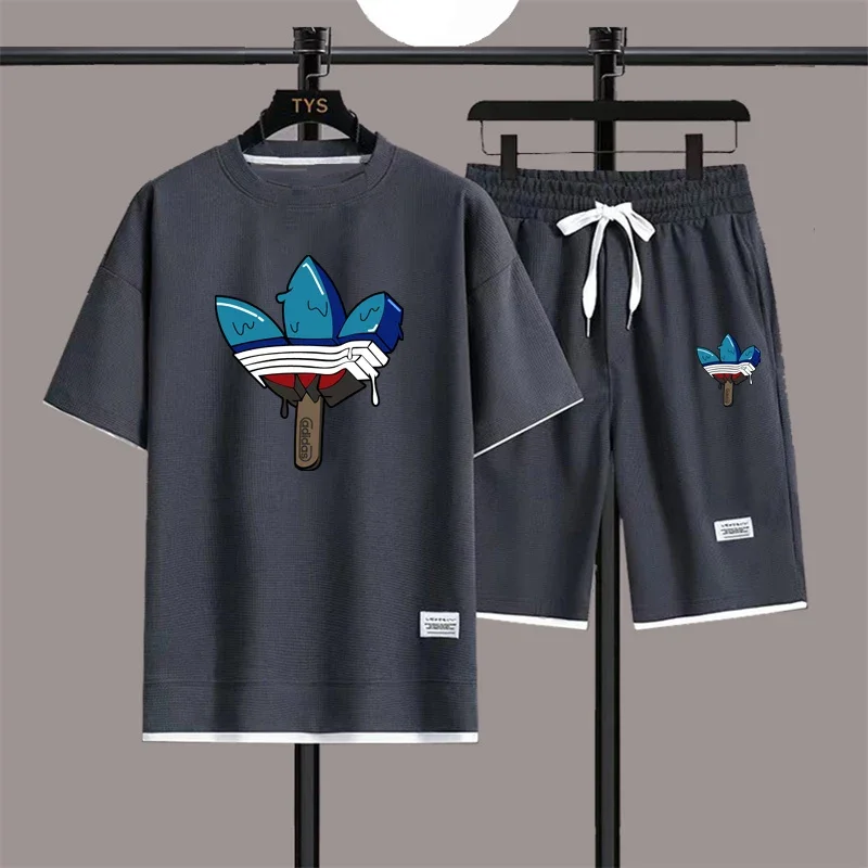 

Summer Fashion Brand Design Printed Young Students Casual Shorts Set Breathable Sports Suit Short Sleeve T-shirt Men's Tracksuit