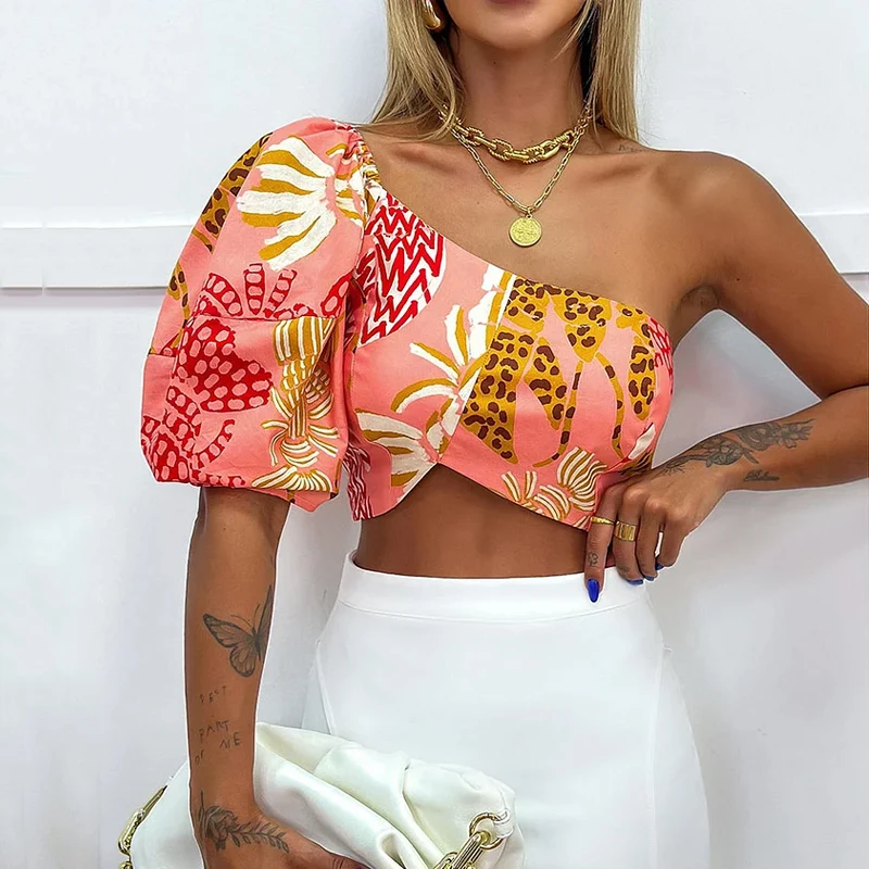 Wefads Women Two Piece Set Summer Fashion Printed One Shoulder Puff Sleeve Irregular Pullover Top A Line Long Solid Skirt Sets