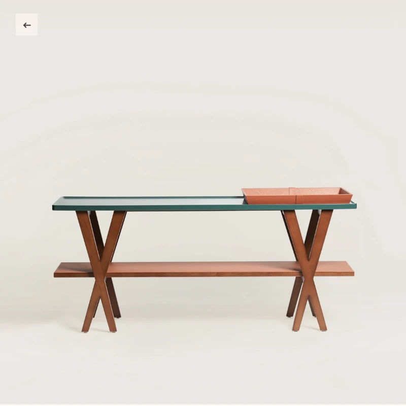 

Gold brown/dark green color combination double-layer white wax wood edge storage table, foyer table