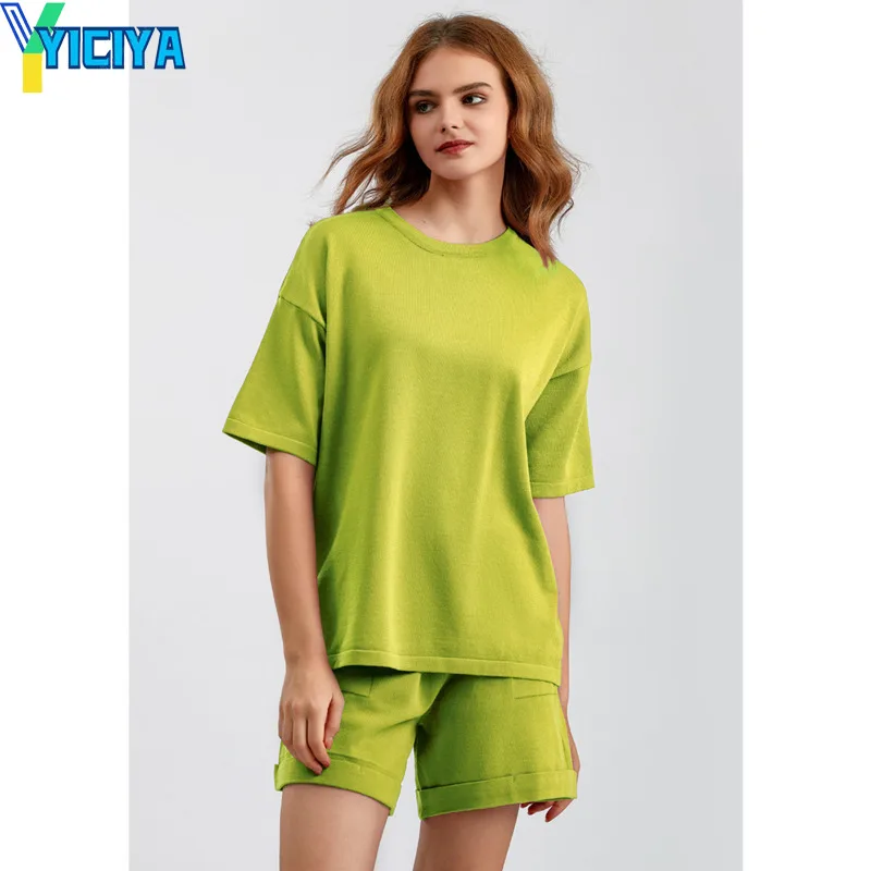 

YICIYA short sets Knitted two piece set for women elegant women's sets o-neck Short Sleeve T-shirt summer outfits for women 2023