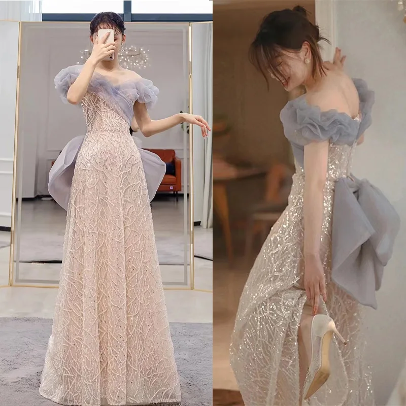 

It's Yiiya Boat Neck Pleat Mermaid Champagne Lace Up Floor-Length Formal Dress Sequins Short Sleeves New Dress Woman Party A2738