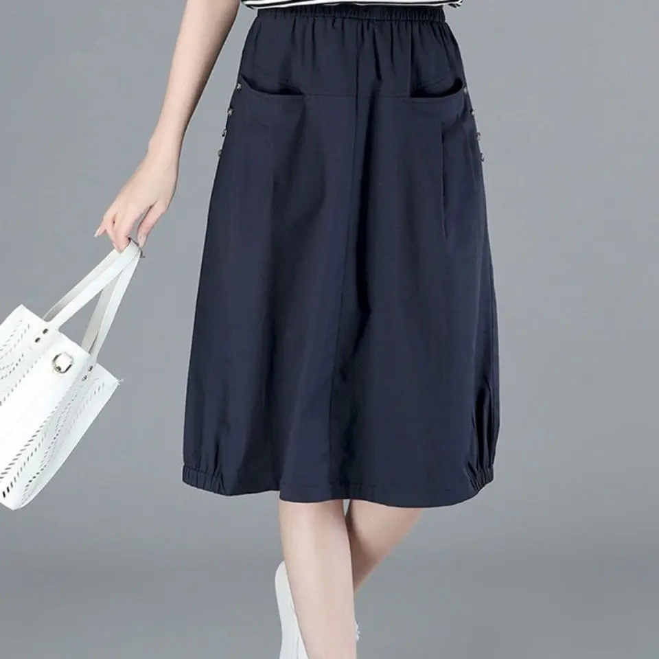 Casual Cotton Skirts Female 2022 Summer Vintage Pocket Loose Aline