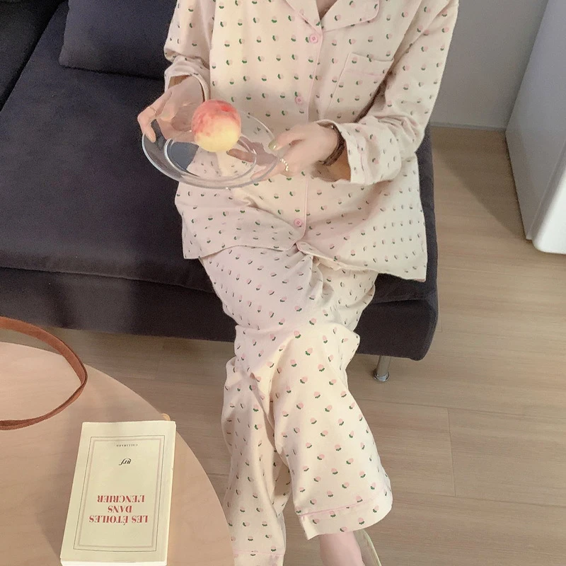 Women Pajamas Set Korean Summer Cute Heart Print Long Sleeve