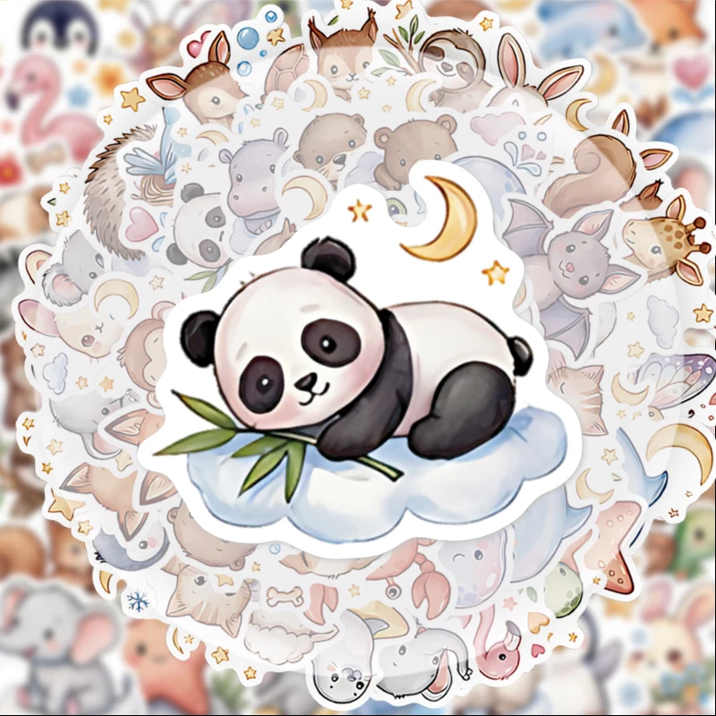 50개의 수채화 스타일 힐링 동물 낙서 스티커, 물병, 노트북, 휴대폰 장식, 여행 가방, 스케이트보드, 기타, 선물 상자, 파티 장식, 명절 선물에 적합