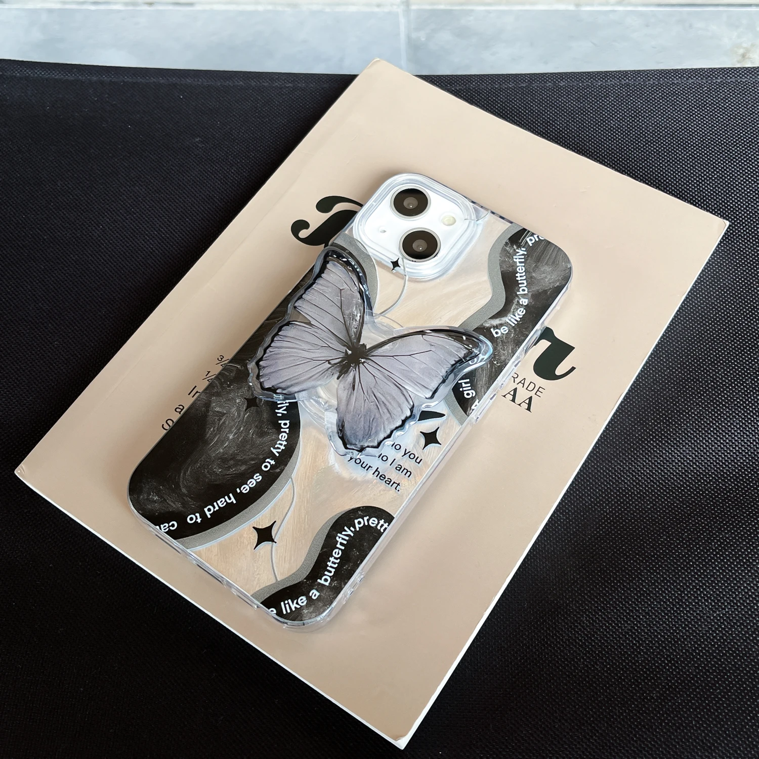 Black Butterfly Grip Tok Holder Lustre Lining Hard Phone Case