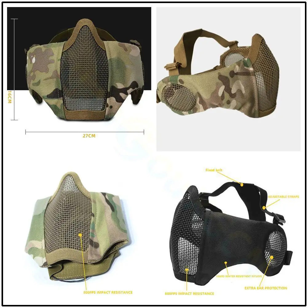 Tactical Airsoft Military Mask Half Face Strike Metal Mesh Protective Skull Mask & Cap Ear protection Hunting Accessories tactical hat