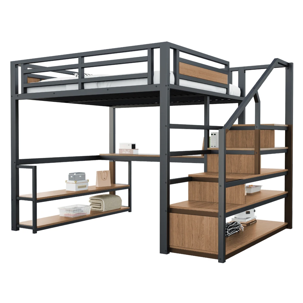 140x200 Metall-Hochbett mit Stauraum, Leiter, Regalen und Tisch, Sicherheitsgeländer-Design mit Geteilten Metallregalen, Eisenrahmen-Bett – Detail 5