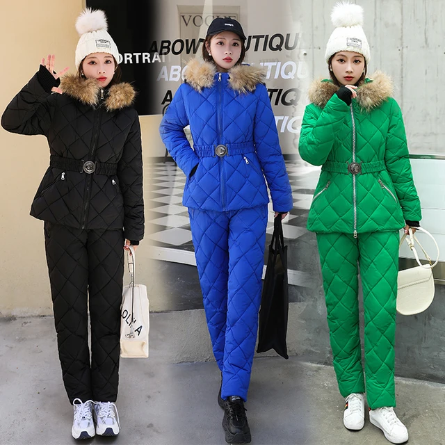 Abbigliamento invernale donna due pezzi Set donna Top e pantaloni completi  Parka con cappuccio tuta da sci all'aperto piumini caldi tuta da neve donna  - AliExpress