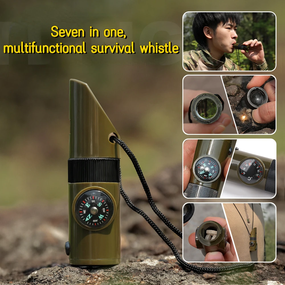 

7in1 Emergency Survival Whistle Compass Multifunction Tool Magnifier Flashlight Storage Container Thermometer for Camping Hiking