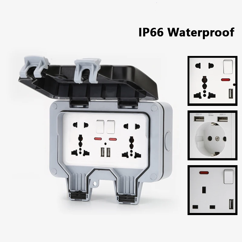 Tomada Exterior Impermeável Internacional do Interruptor Ip66 Usb Prova da Chuva Caixa da Tomada Reino Unido ue de Coreia
