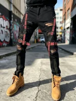 Jean vintage délavé et déchiré pour homme, avec sangle décorative amovible, fermeture éclair latérale, style streetwear Y2K, pantalon tactique hip-hop en denim. 5