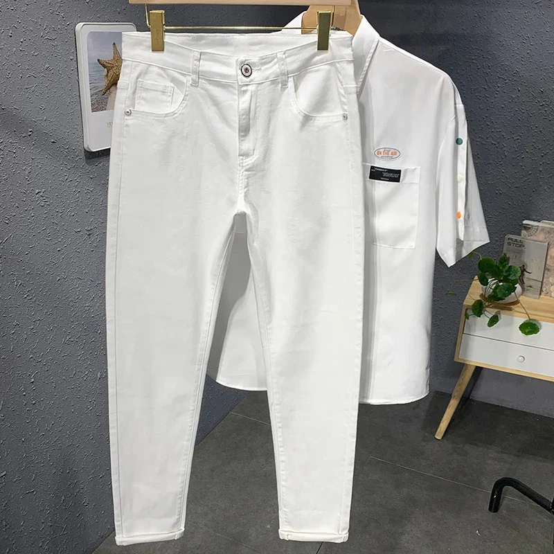 2024 Spring and Autumn New Men's Street Casual Fashion Jeans Straight Stretch Slim Fit Casual Denim Trousers Male Black White 3