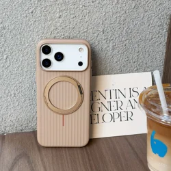 3D Striped 360° Rotating Stand Holder with Ultra Slim Magnetic Hard Cover - iPhone 15 (ShaMo Gold)