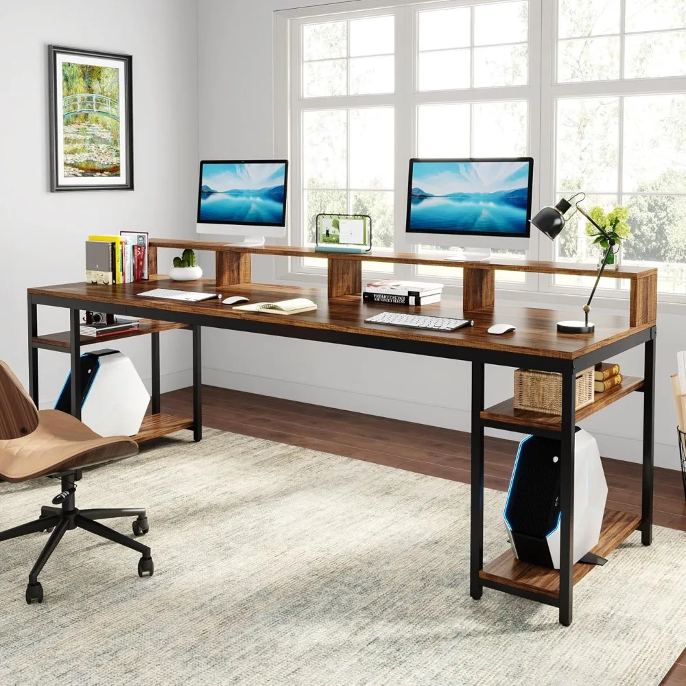 Two Person Desk with Monitor Stand, 78.74" Long Double Computer Office Desk with Storage Shelves, Large Gaming Desk Study 5
