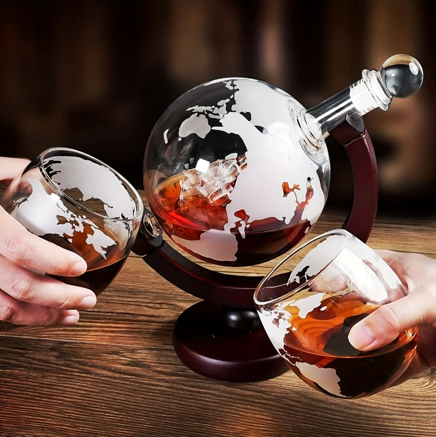 Creative Globe Decanter Set with Lead-free Carafe Exquisite Wood-stand and 2 Whisky Glasses Whiskey Decanter Globe Grade Gift