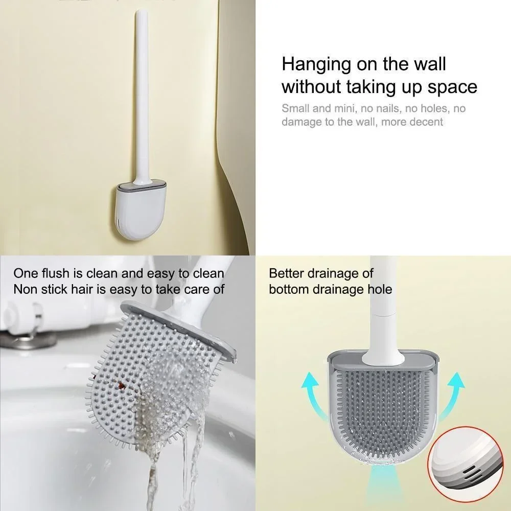 Flexible Silicone Toilet Brush Holder Toilet Bowl Cleaner Brush Bathroom Wall Mounted Cleaning